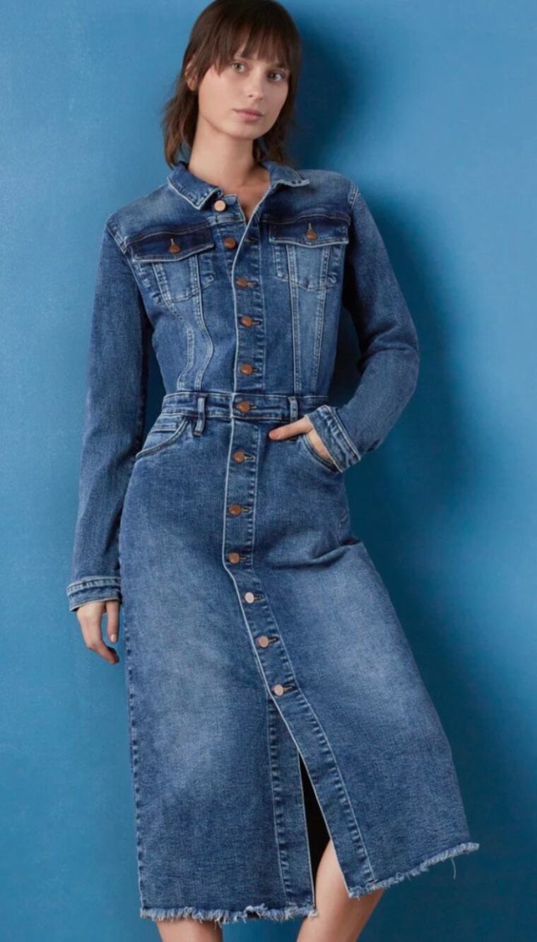 Wash Lab Denim Piece Dyed Denim Dress Long Sleeve Stretch Dark Wash Size M